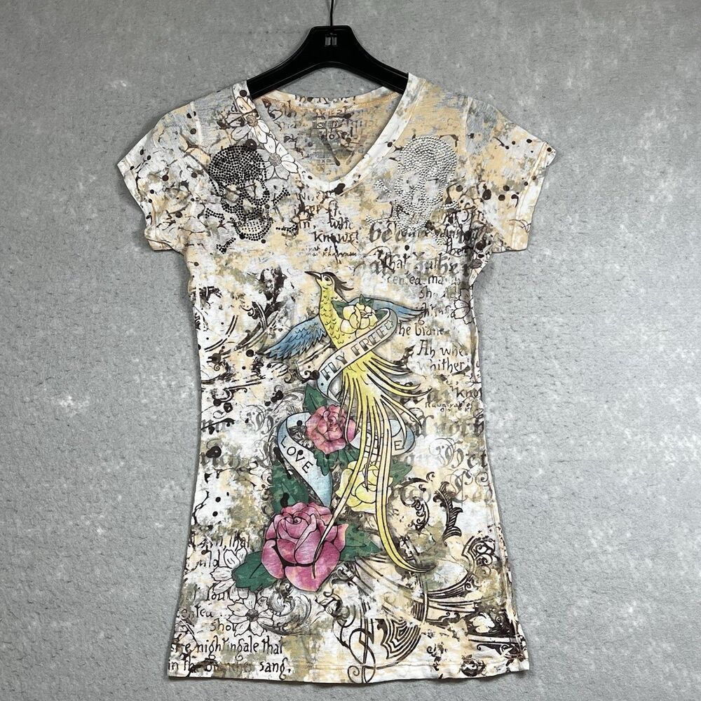 Go Jeans Los Angeles Shirt Large Short Sleeve Embellished Skull Knit Top Casual